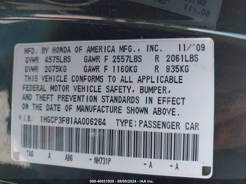 2010 Honda Accord 3.5 Ex-L VIN: 1HGCP3F81AA006264 Lot: 40031930