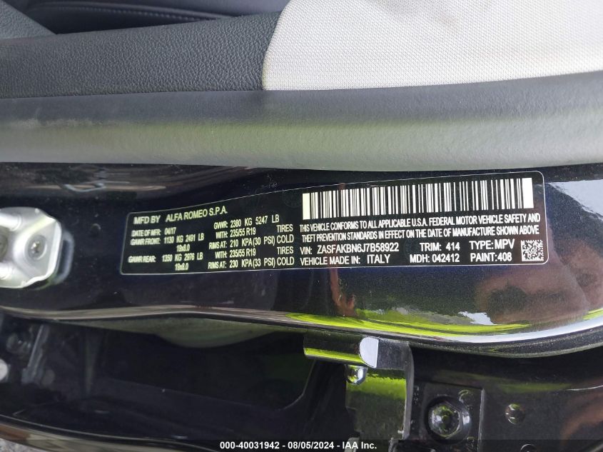 2018 Alfa Romeo Stelvio Ti VIN: ZASFAKBN6J7B58922 Lot: 40031942