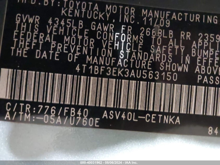 2010 Toyota Camry Se/Le/Xle VIN: 4T1BF3EK3AU563150 Lot: 40031962