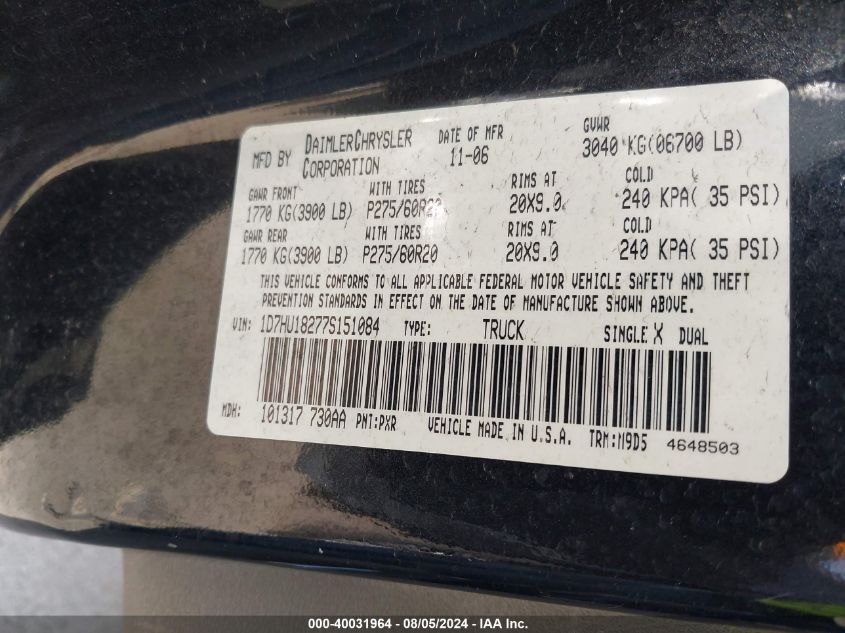 2007 Dodge Ram 1500 Slt/Trx4 Off Road/Sport VIN: 1D7HU18277S151084 Lot: 40031964