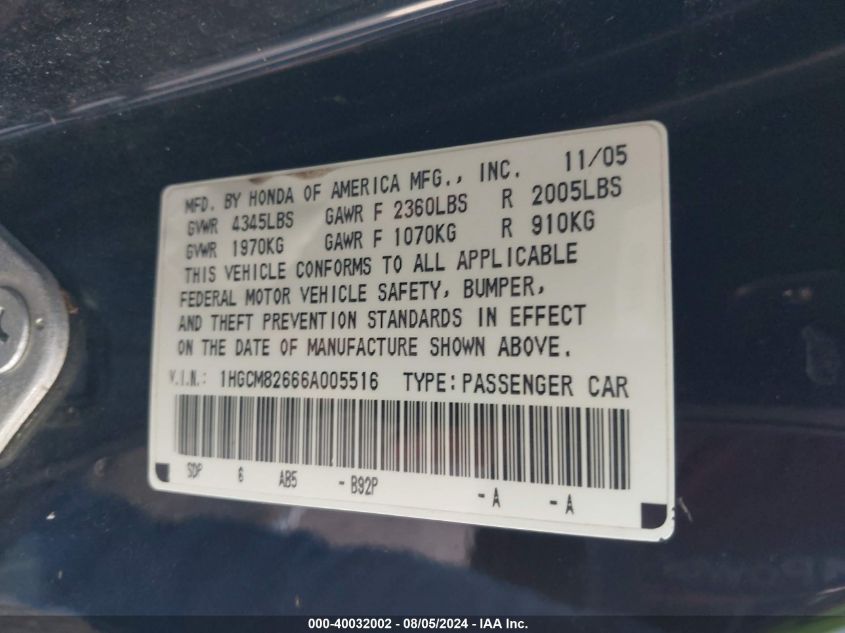 2006 Honda Accord 3.0 Ex VIN: 1HGCM82666A005516 Lot: 40032002