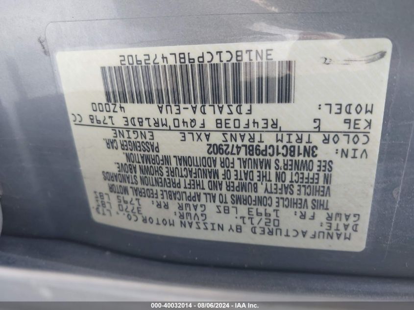 2011 Nissan Versa 1.8S VIN: 3N1BC1CP9BL472902 Lot: 40032014