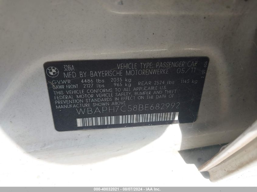 2011 BMW 328I VIN: WBAPH7C58BE682992 Lot: 40032021