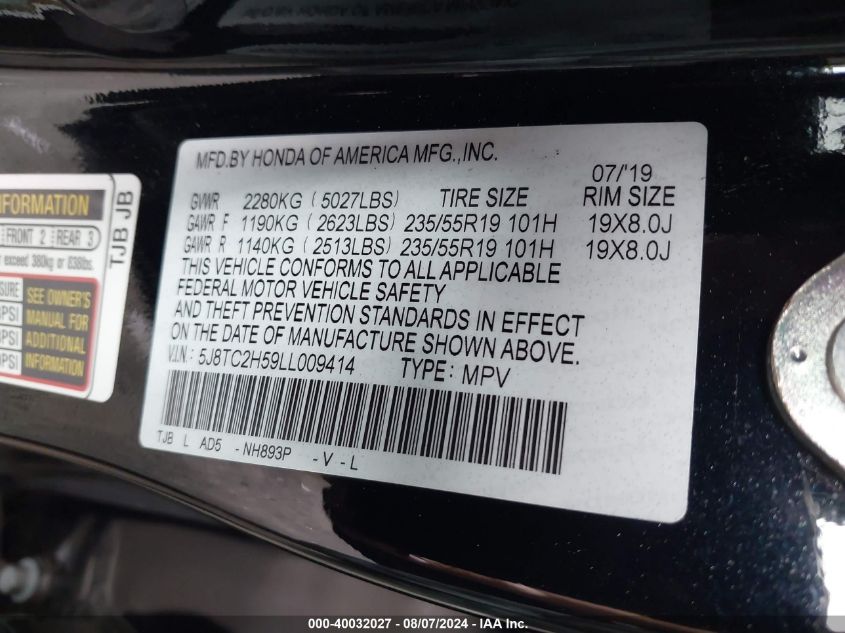 2020 Acura Rdx Technology Package VIN: 5J8TC2H59LL009414 Lot: 40032027