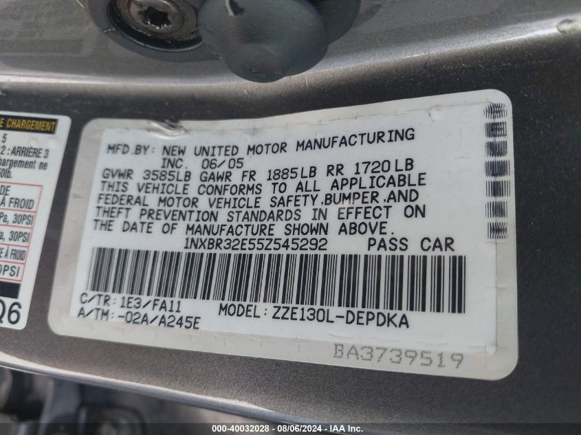 2005 Toyota Corolla Ce VIN: 1NXBR32E55Z545292 Lot: 40032028