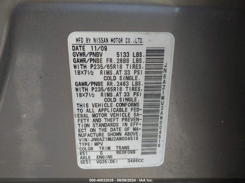 2010 Nissan Murano Sl VIN: JN8AZ1MU2AW004518 Lot: 40032035