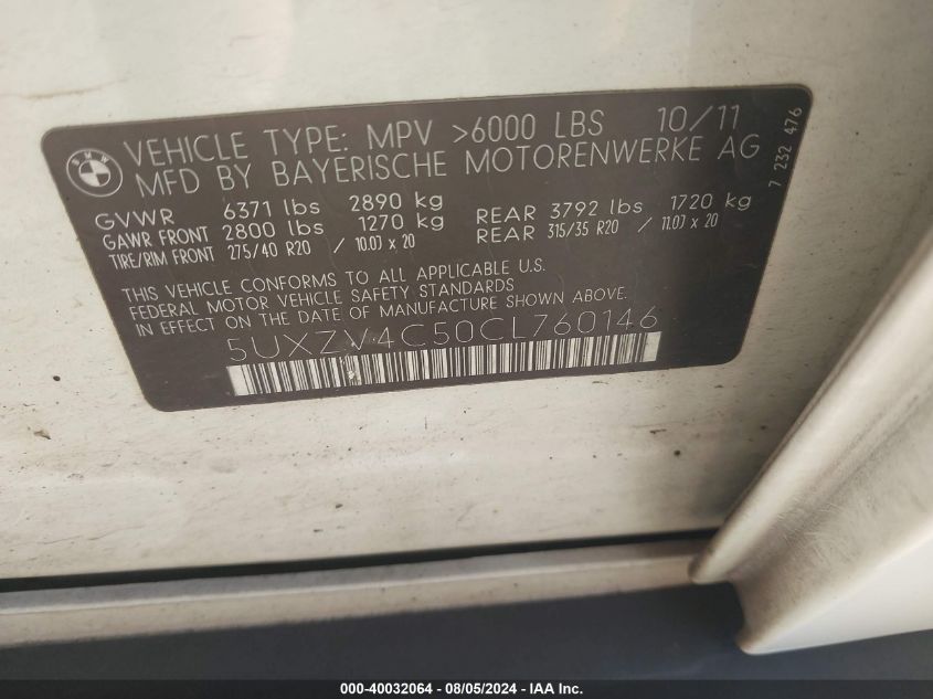 2012 BMW X5 xDrive35I VIN: 5UXZV4C50CL760146 Lot: 40032064