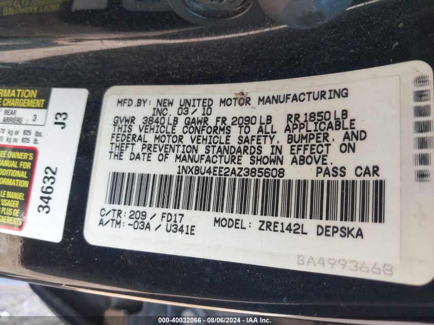 2010 Toyota Corolla S/Le/Xle VIN: 1NXBU4EE2AZ385608 Lot: 40032066