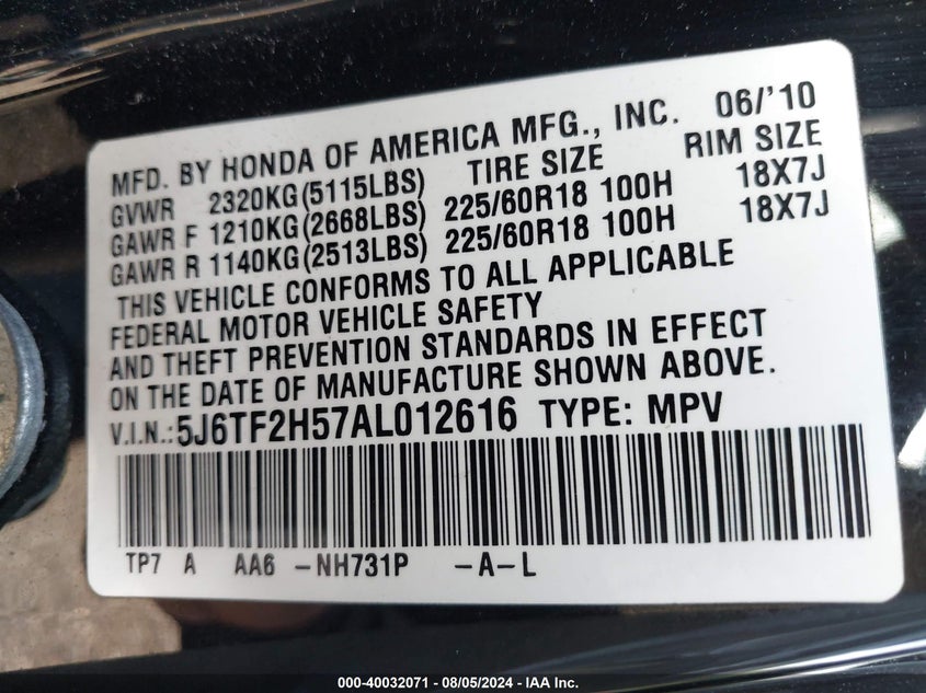 2010 Honda Accord Crosstour Ex-L VIN: 5J6TF2H57AL012616 Lot: 40032071