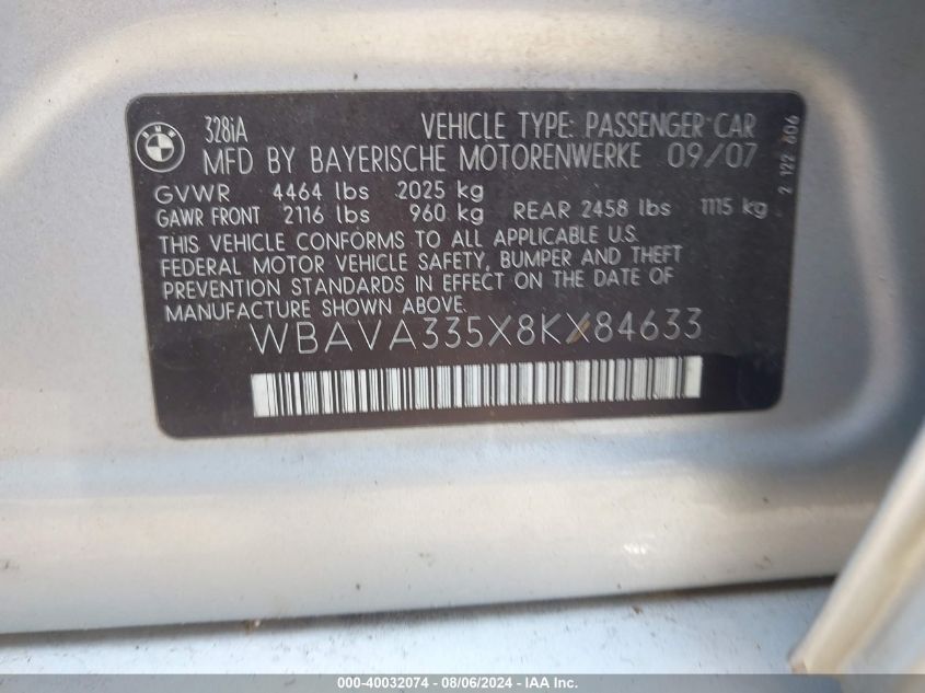 2008 BMW 328 I VIN: WBAVA335X8KX84633 Lot: 40032074
