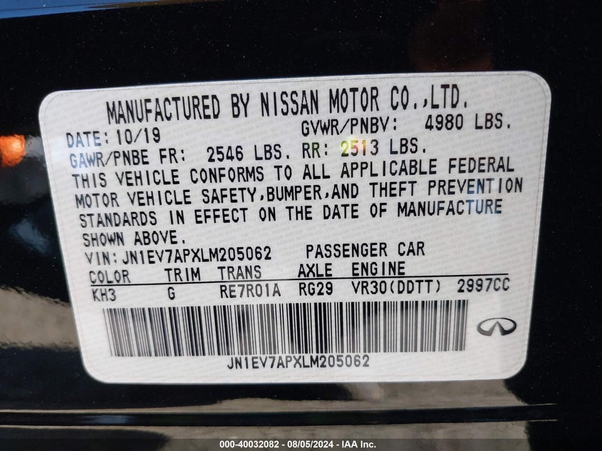 VIN JN1EV7APXLM205062 2020 INFINITI Q50 PURE/LUXE/SPORT/EDITION 3