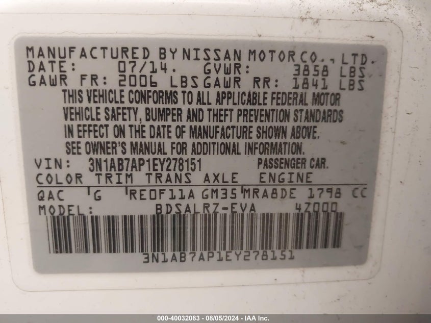 2014 Nissan Sentra Sr VIN: 3N1AB7AP1EY278151 Lot: 40032083