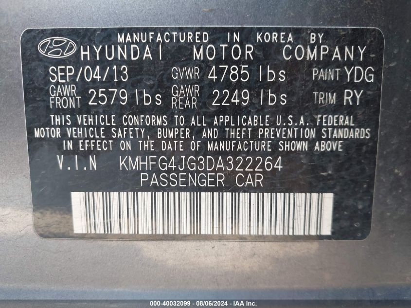 KMHFG4JG3DA322264 2013 Hyundai Azera