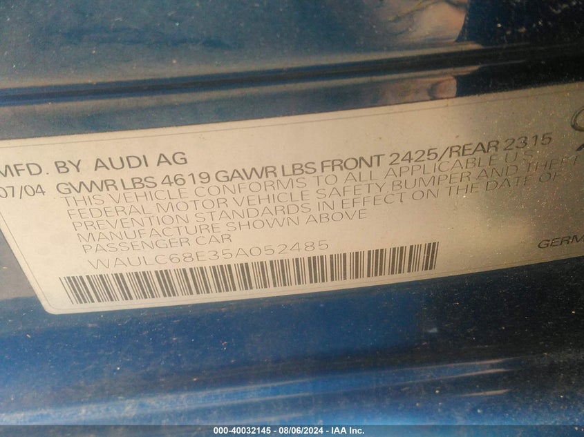 2005 Audi A4 1.8T/1.8T Special Edition VIN: WAULC68E35A052485 Lot: 40032145