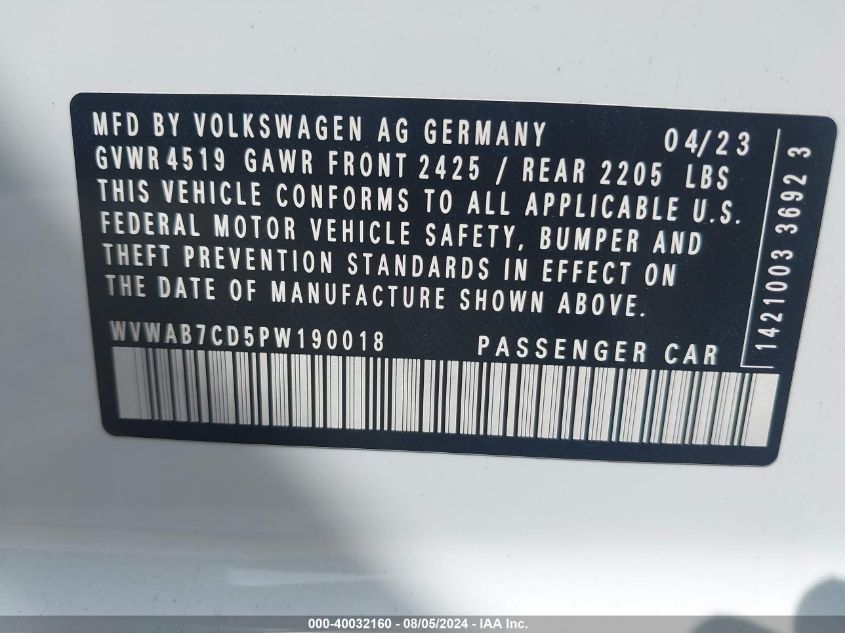 2023 Volkswagen Golf R 2.0T 20Th Anniversary Edition VIN: WVWAB7CD5PW190018 Lot: 40032160