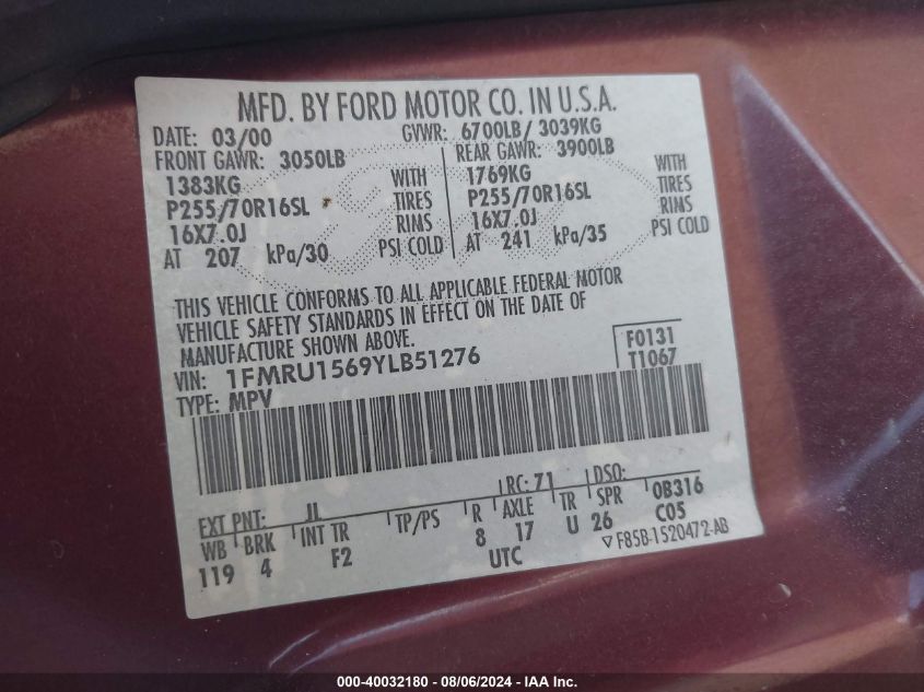 2000 Ford Expedition Xlt VIN: 1FMRU1569YLB51276 Lot: 40032180