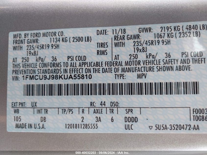 2019 Ford Escape Titanium VIN: 1FMCU9J98KUA55810 Lot: 40032203