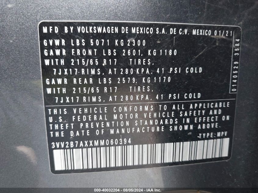 2021 Volkswagen Tiguan 2.0T Se/2.0T Se R-Line Black/2.0T Sel VIN: 3VV2B7AXXMM060394 Lot: 40032204