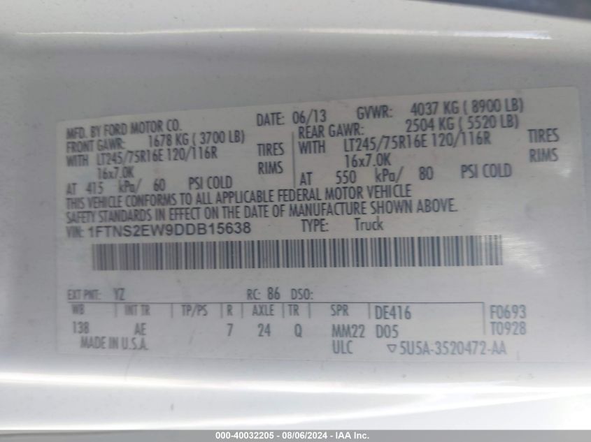 2013 Ford E-250 Commercial VIN: 1FTNS2EW9DDB15638 Lot: 40032205