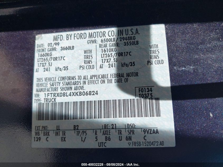1999 Ford F150 VIN: 1FTRX08L4XKB06824 Lot: 40032228