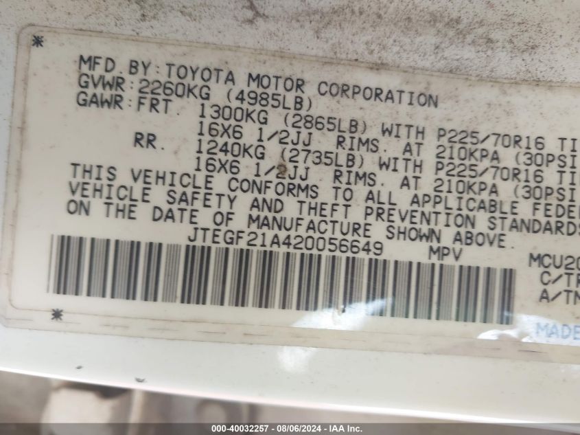 2002 Toyota Highlander Limited V6 VIN: JTEGF21A420056649 Lot: 40032257