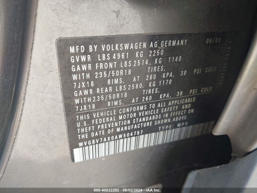 2010 Volkswagen Tiguan Se VIN: WVGBV7AX0AW504797 Lot: 40032282