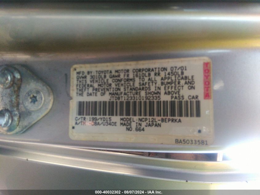 2001 Toyota Echo VIN: JTDBT123310192335 Lot: 40032302