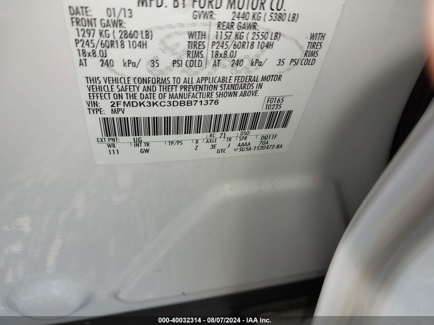 2013 Ford Edge Limited VIN: 2FMDK3KC3DBB71376 Lot: 40032314