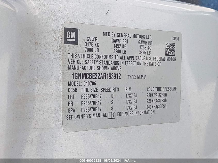 2010 Chevrolet Tahoe Lt VIN: 1GNMCBE32AR193912 Lot: 40032328