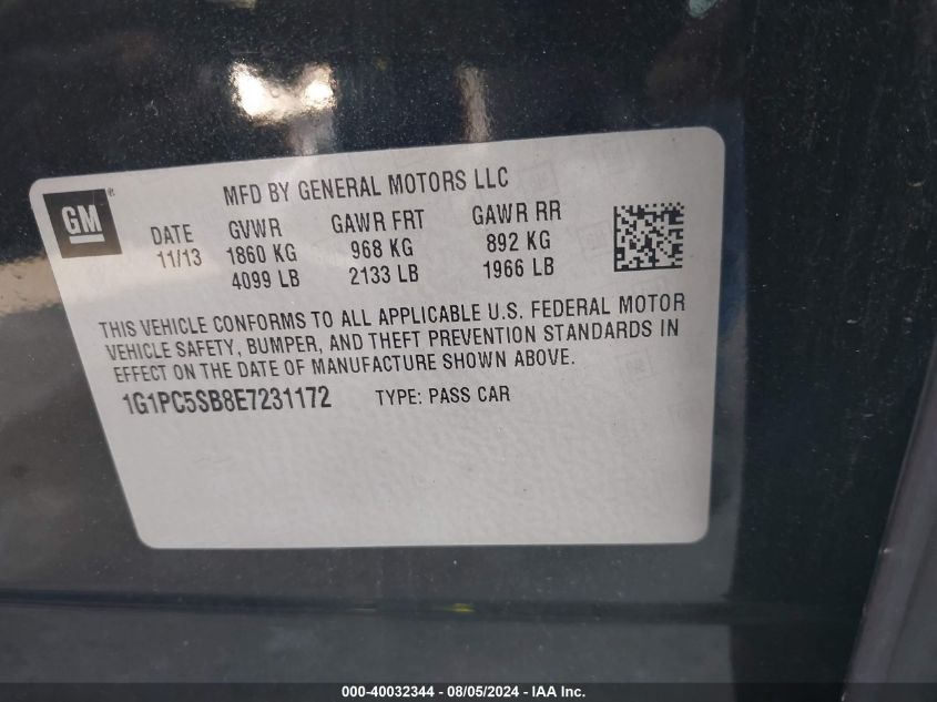 2014 Chevrolet Cruze 1Lt Auto VIN: 1G1PC5SB8E7231172 Lot: 40032344