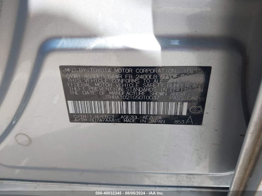 2016 Lexus Is 200T VIN: JTHBA1D21G5010037 Lot: 40032345