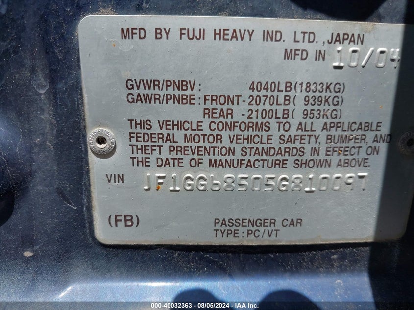 2005 Subaru Impreza Outback Sport Outback Sport/Outback Spc VIN: JF1GG68505G810097 Lot: 40032363