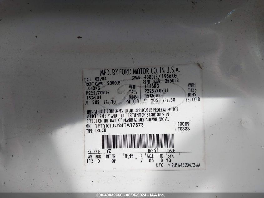 2004 Ford Ranger VIN: 1FTYR10U24TA17873 Lot: 40032366