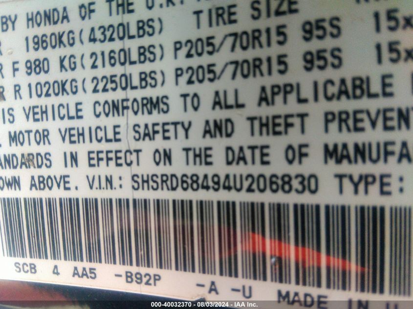 2004 Honda Cr-V Lx VIN: SHSRD68494U206830 Lot: 40032370