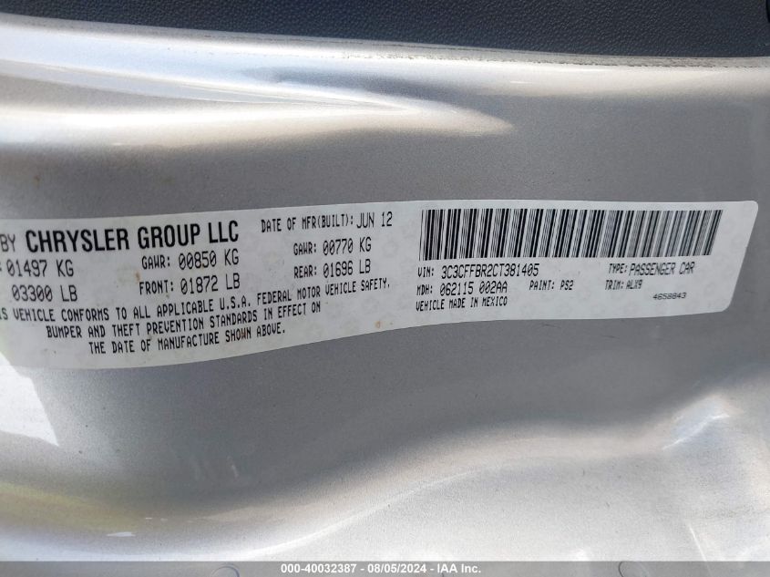 2012 Fiat 500 Sport VIN: 3C3CFFBR2CT381405 Lot: 40032387