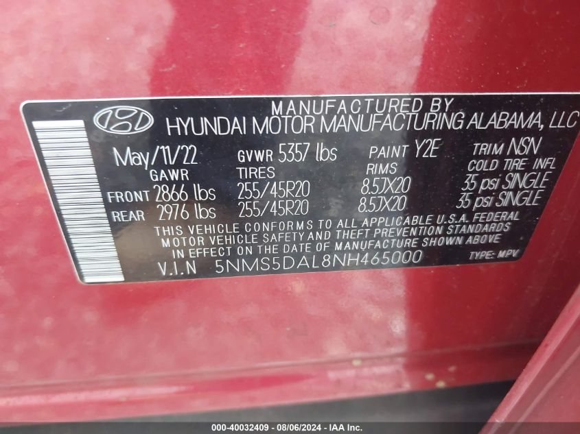 2022 Hyundai Santa Fe Calligraphy VIN: 5NMS5DAL8NH465000 Lot: 40032409