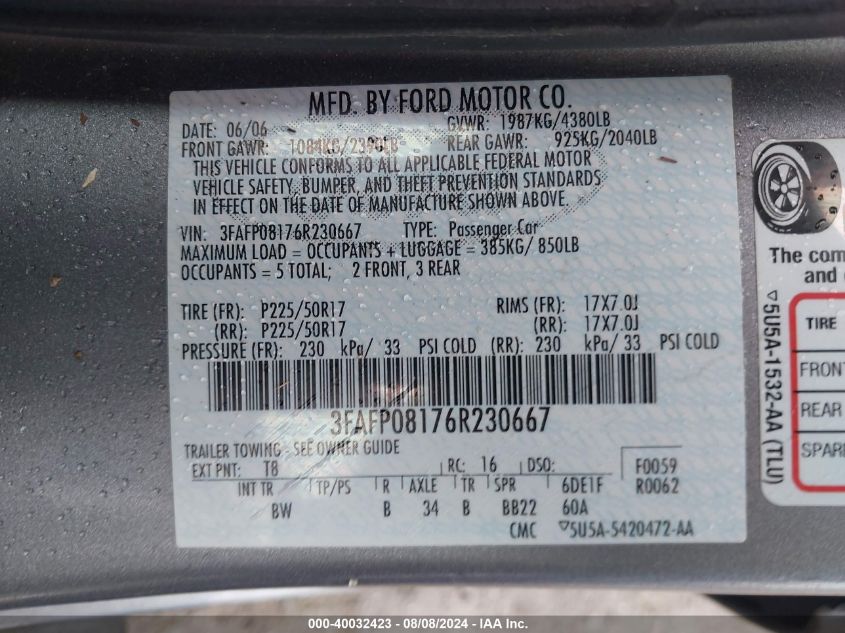 2006 Ford Fusion Sel VIN: 3FAFP08176R230667 Lot: 40032423