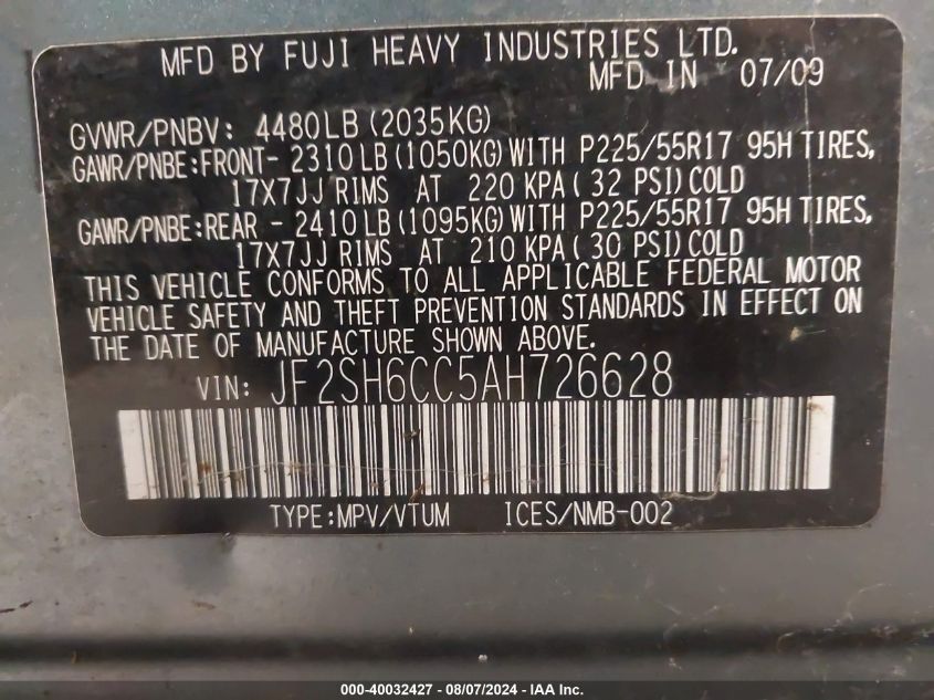 2010 Subaru Forester 2.5X Premium VIN: JF2SH6CC5AH726628 Lot: 40032427