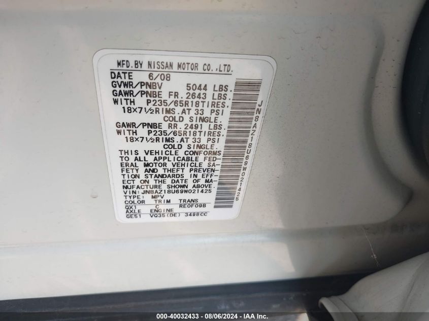 2009 Nissan Murano S/Sl VIN: JN8AZ18U69W021425 Lot: 40032433