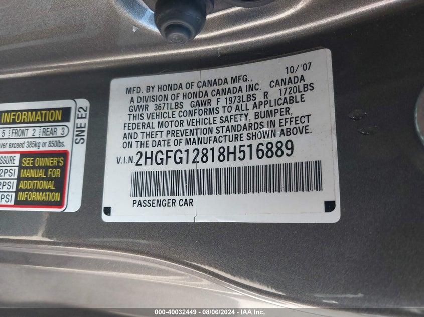 2008 Honda Civic Ex VIN: 2HGFG12818H516889 Lot: 40032449