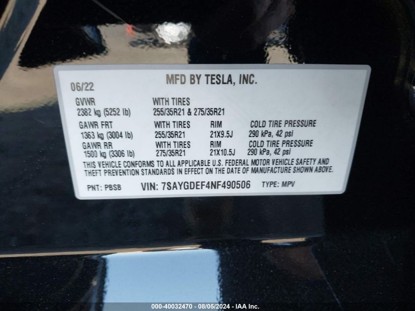 2022 Tesla Model Y Performance Dual Motor All-Wheel Drive VIN: 7SAYGDEF4NF490506 Lot: 40032470