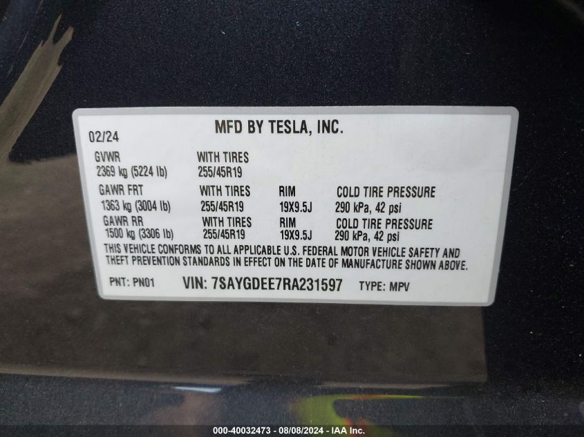 2024 Tesla Model Y Long Range Dual Motor All-Wheel Drive VIN: 7SAYGDEE7RA231597 Lot: 40032473