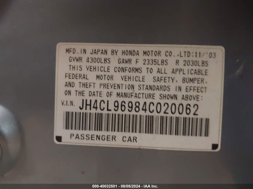 2004 Acura Tsx VIN: JH4CL96984C020062 Lot: 40032501