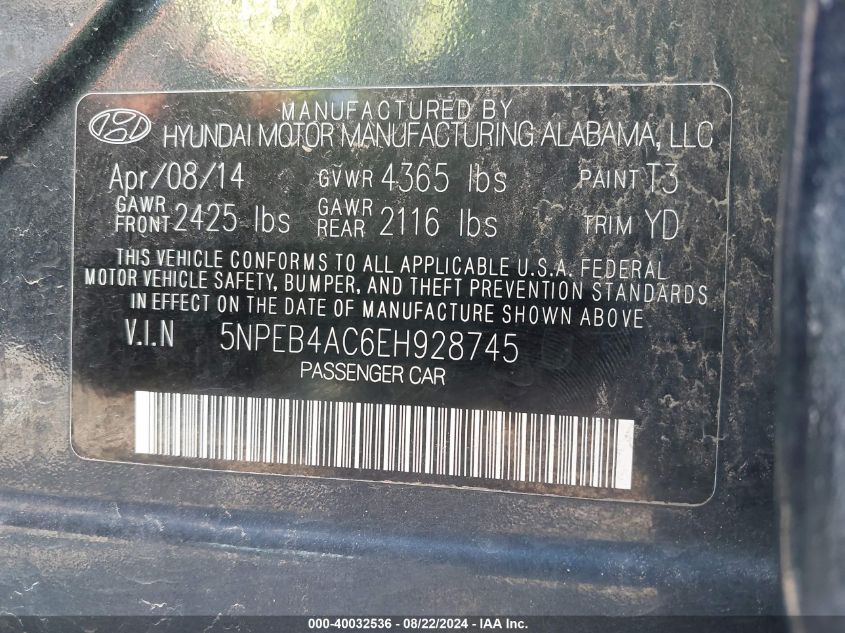 5NPEB4AC6EH928745 2014 Hyundai Sonata Gls