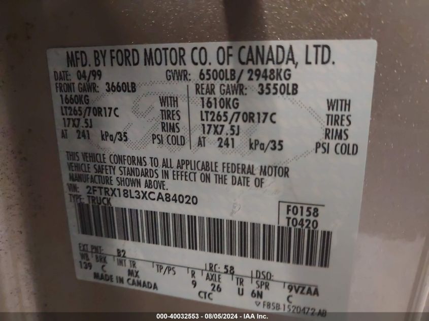 1999 Ford F-150 Lariat/Xl/Xlt VIN: 2FTRX18L3XCA84020 Lot: 40032553