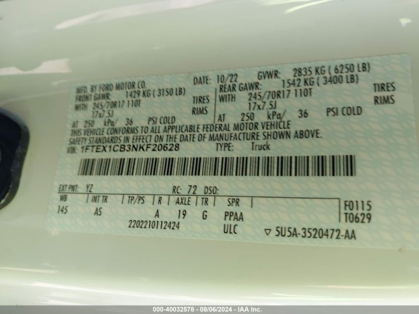 2022 Ford F-150 Xl VIN: 1FTEX1CB3NKF20628 Lot: 40032578