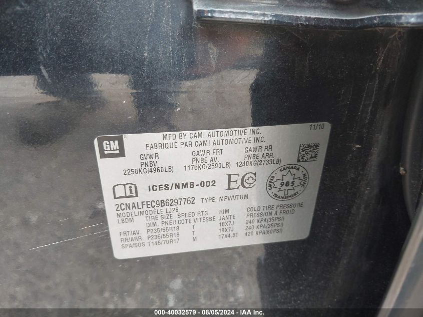 2011 Chevrolet Equinox Ltz VIN: 2CNALFEC9B6297762 Lot: 40032579