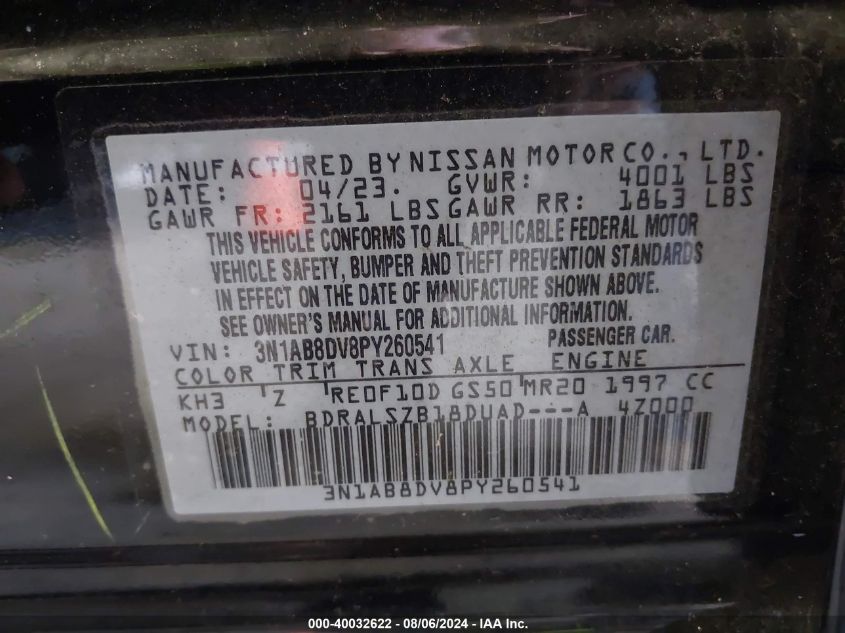 2023 Nissan Sentra Sr Xtronic Cvt VIN: 3N1AB8DV8PY260541 Lot: 40032622