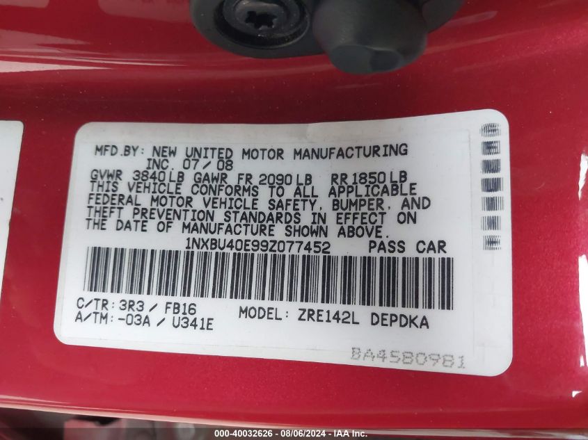 2009 Toyota Corolla S/Le/Xle VIN: 1NXBU40E99Z077452 Lot: 40032626