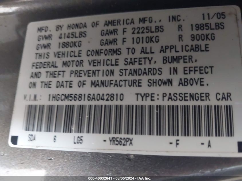 2006 Honda Accord 2.4 Ex VIN: 1HGCM56816A042810 Lot: 40032641